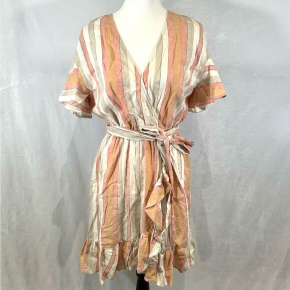 Lauren Conrad blush orange and tan linen ruffle faux wrap dress size medium NWT - Picture 4 of 10